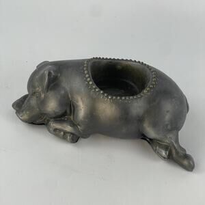 Vintage Pewter Sleeping Pig Oil Lamp Base Candle Holder 7” Petites Choses USA